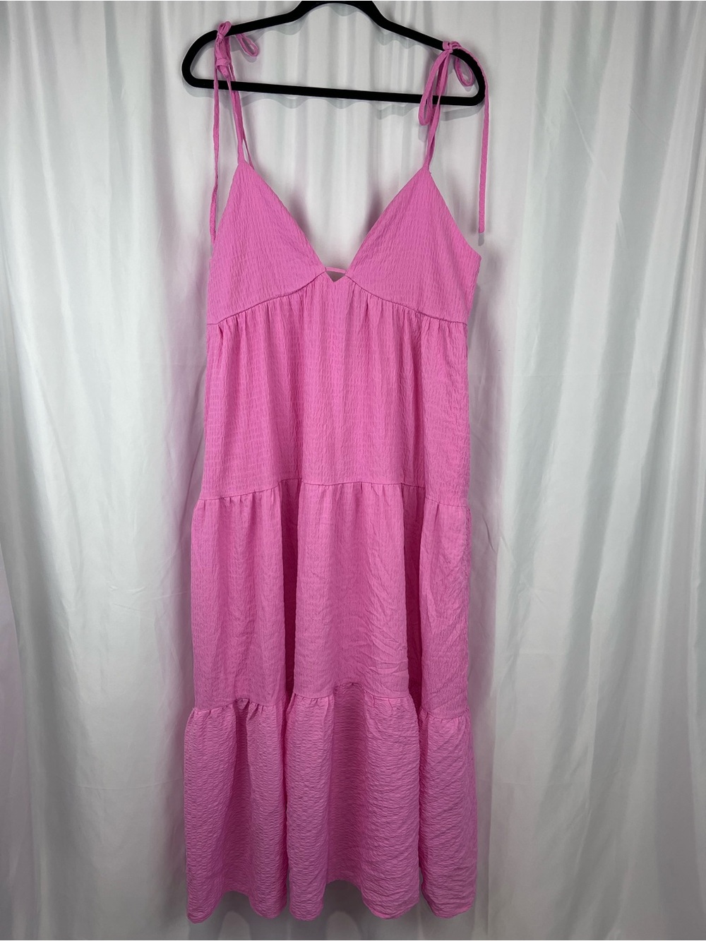 Lulu's Let the Sun Beam Pink Tie-Straps Tiered Midi Dress With Pockets - Picture 6 of 13